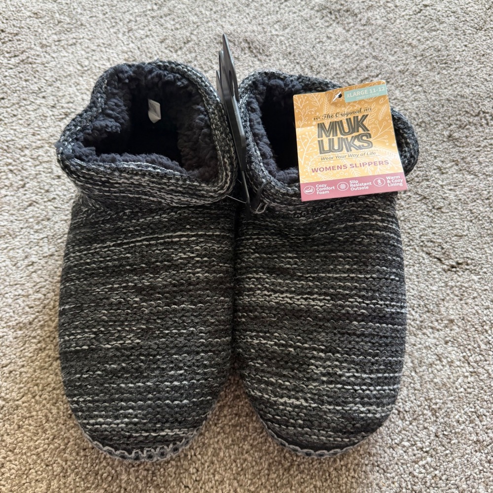 Muk Luks Womens Slippers Ebony Dark Grey Heather Knit Bootie XL 11-12 NEW